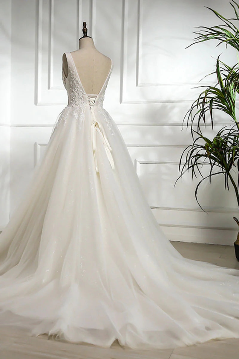 V neck lace tulle long prom dress