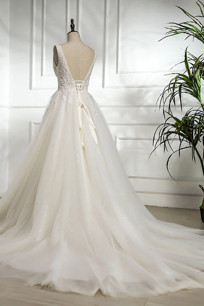 V neck lace tulle long prom dress