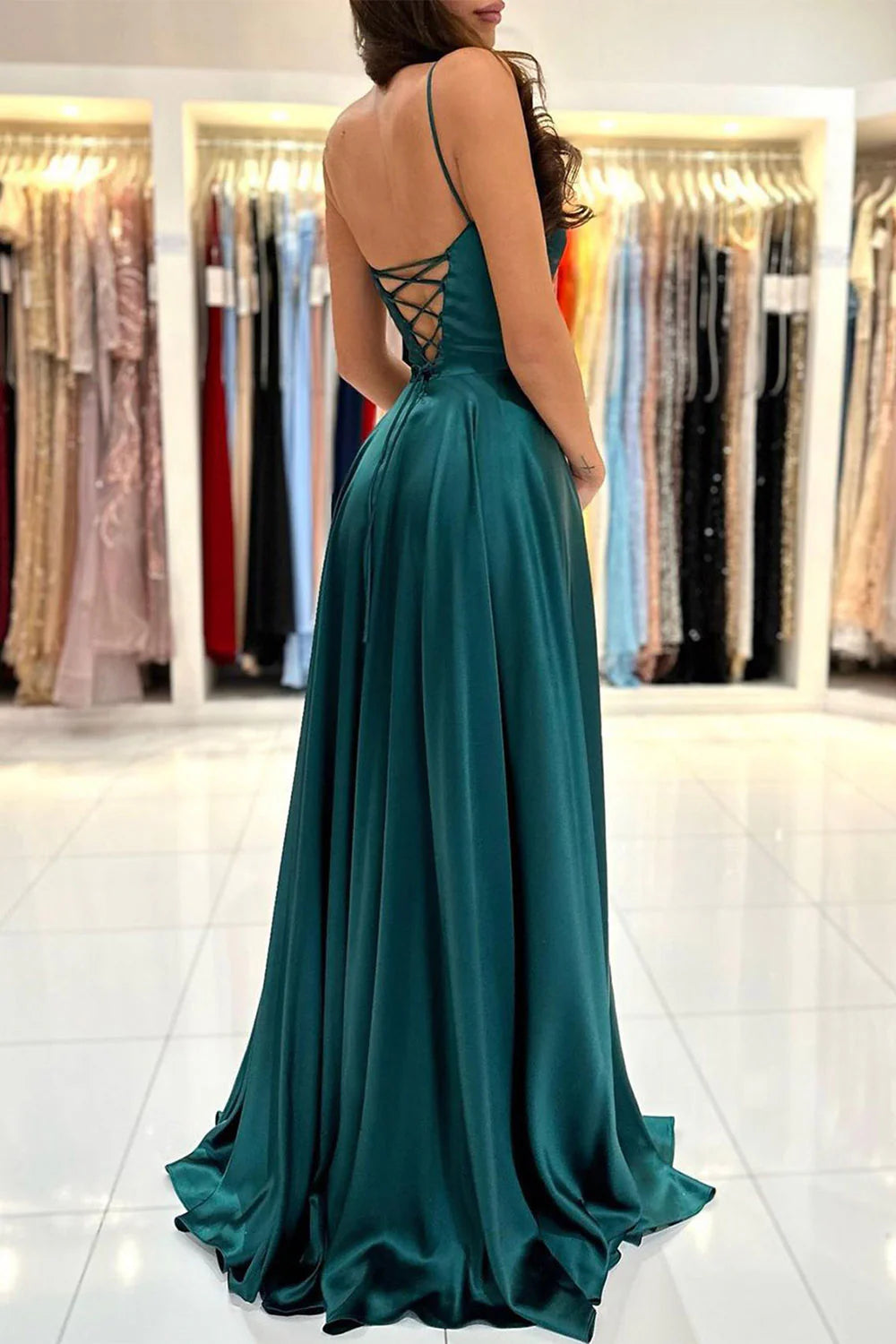 Mermaid Spaghetti Straps Satin Long Prom Dress with Slit