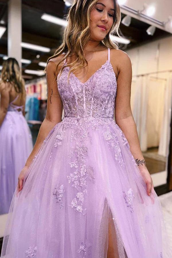 A-Line V Neck Tulle Long Slit Prom Dress