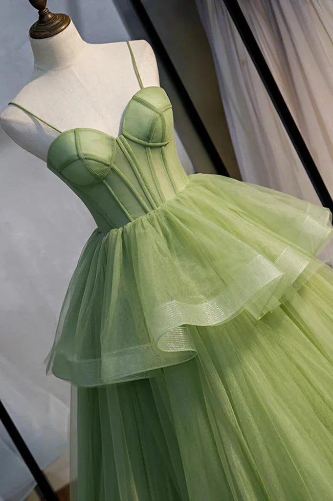 A-Line Tulle Long Prom Dresses with Train