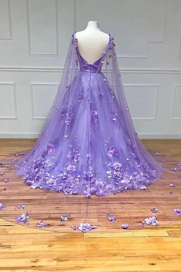 A Line Sleeves 3D Floral Lace Long Prom Dresses