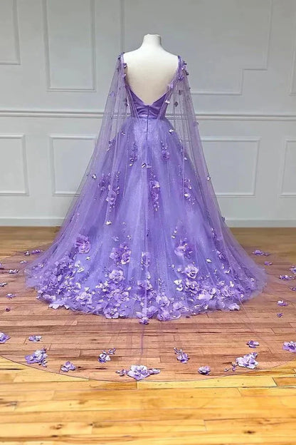 A Line Sleeves 3D Floral Lace Long Prom Dresses
