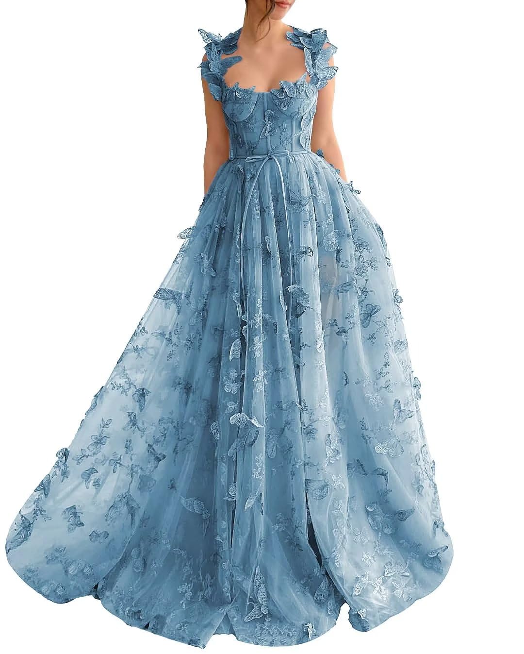 Long Tulle Prom Dress with 3D Butterflies Dress Ball Gown Evening Party Wedding Guest Formal Dress Slit