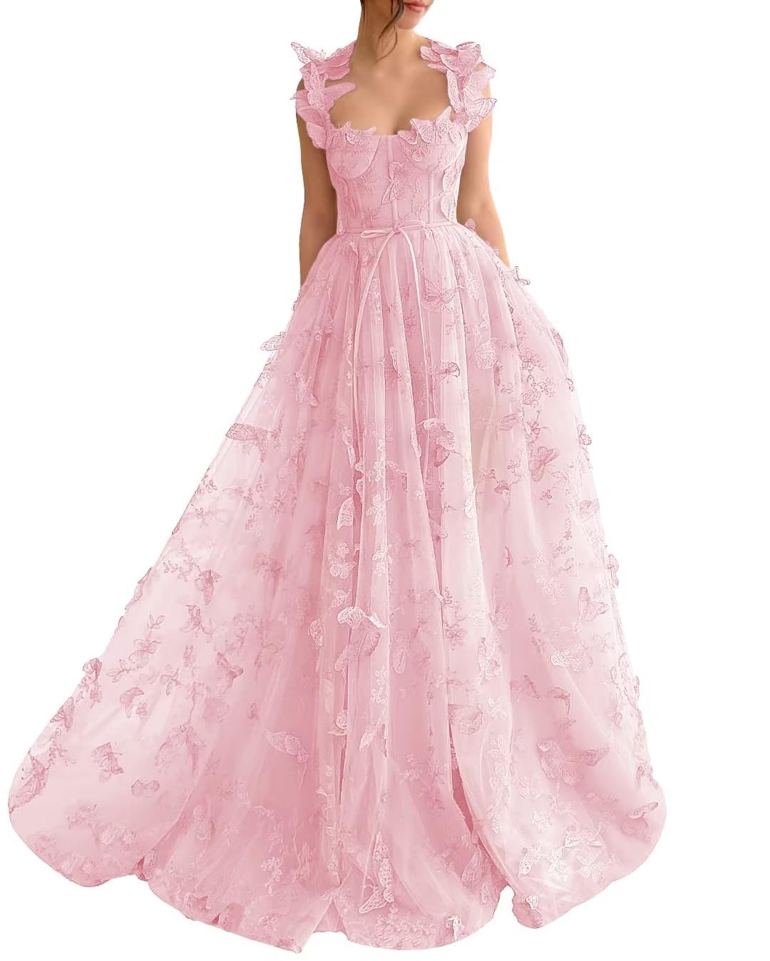 Long Tulle Prom Dress with 3D Butterflies Dress Ball Gown Evening Party Wedding Guest Formal Dress Slit