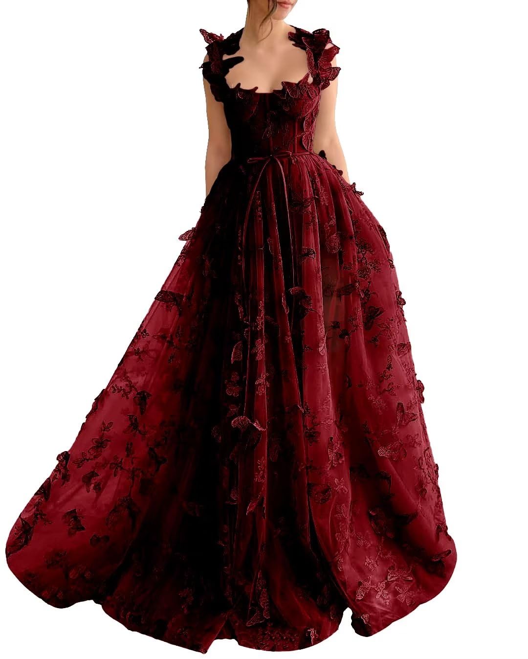 Long Tulle Prom Dress with 3D Butterflies Dress Ball Gown Evening Party Wedding Guest Formal Dress Slit