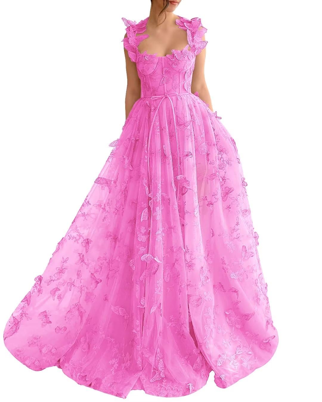 Long Tulle Prom Dress with 3D Butterflies Dress Ball Gown Evening Party Wedding Guest Formal Dress Slit