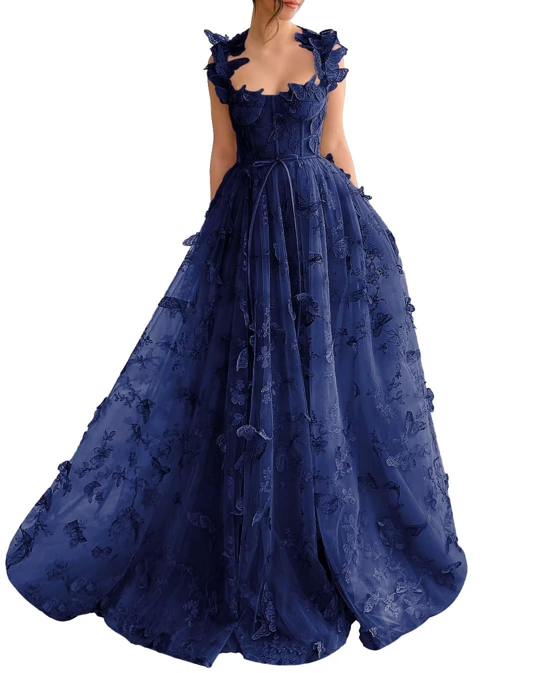 Long Tulle Prom Dress with 3D Butterflies Dress Ball Gown Evening Party Wedding Guest Formal Dress Slit