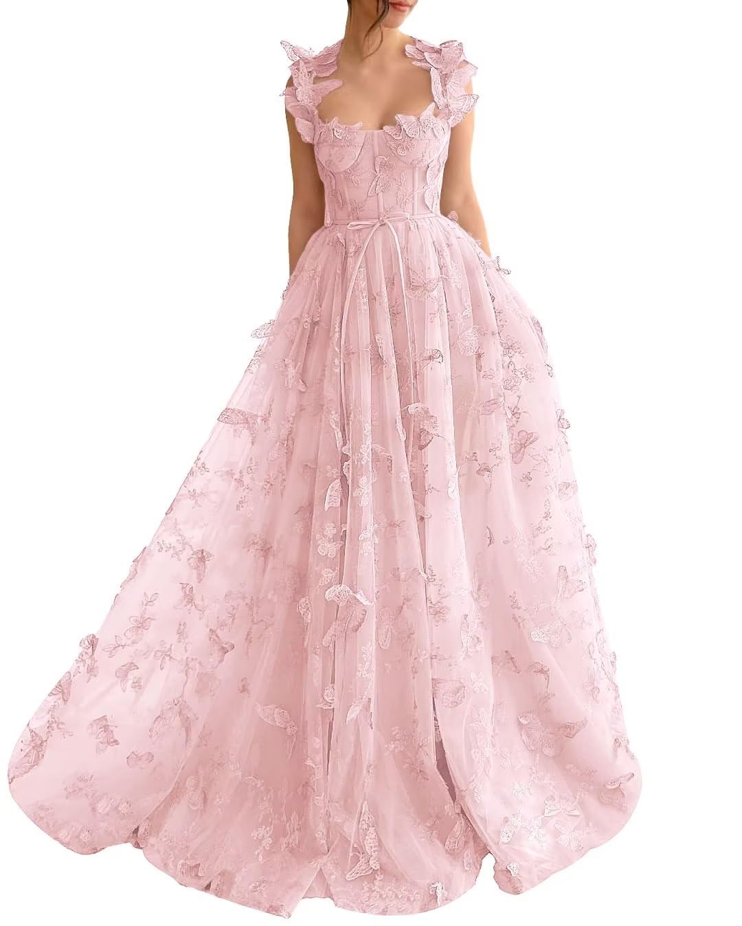 Long Tulle Prom Dress with 3D Butterflies Dress Ball Gown Evening Party Wedding Guest Formal Dress Slit