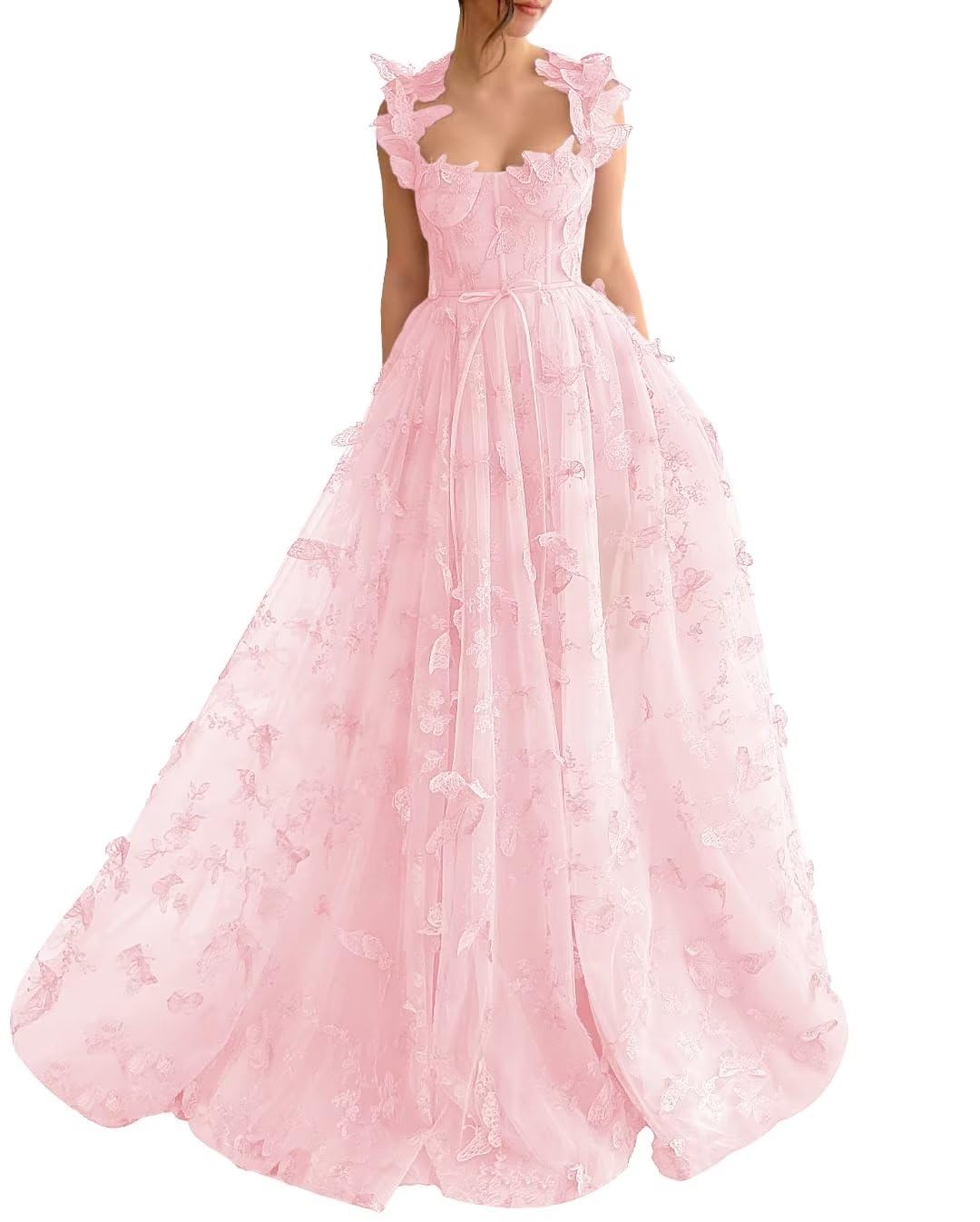 Long Tulle Prom Dress with 3D Butterflies Dress Ball Gown Evening Party Wedding Guest Formal Dress Slit