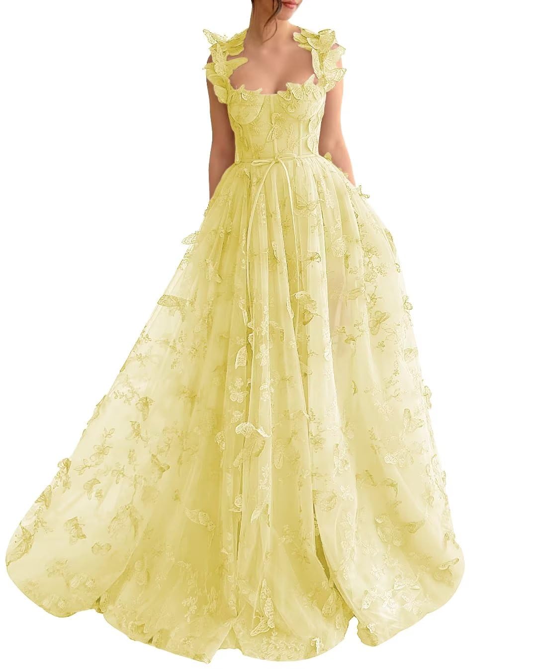 Long Tulle Prom Dress with 3D Butterflies Dress Ball Gown Evening Party Wedding Guest Formal Dress Slit