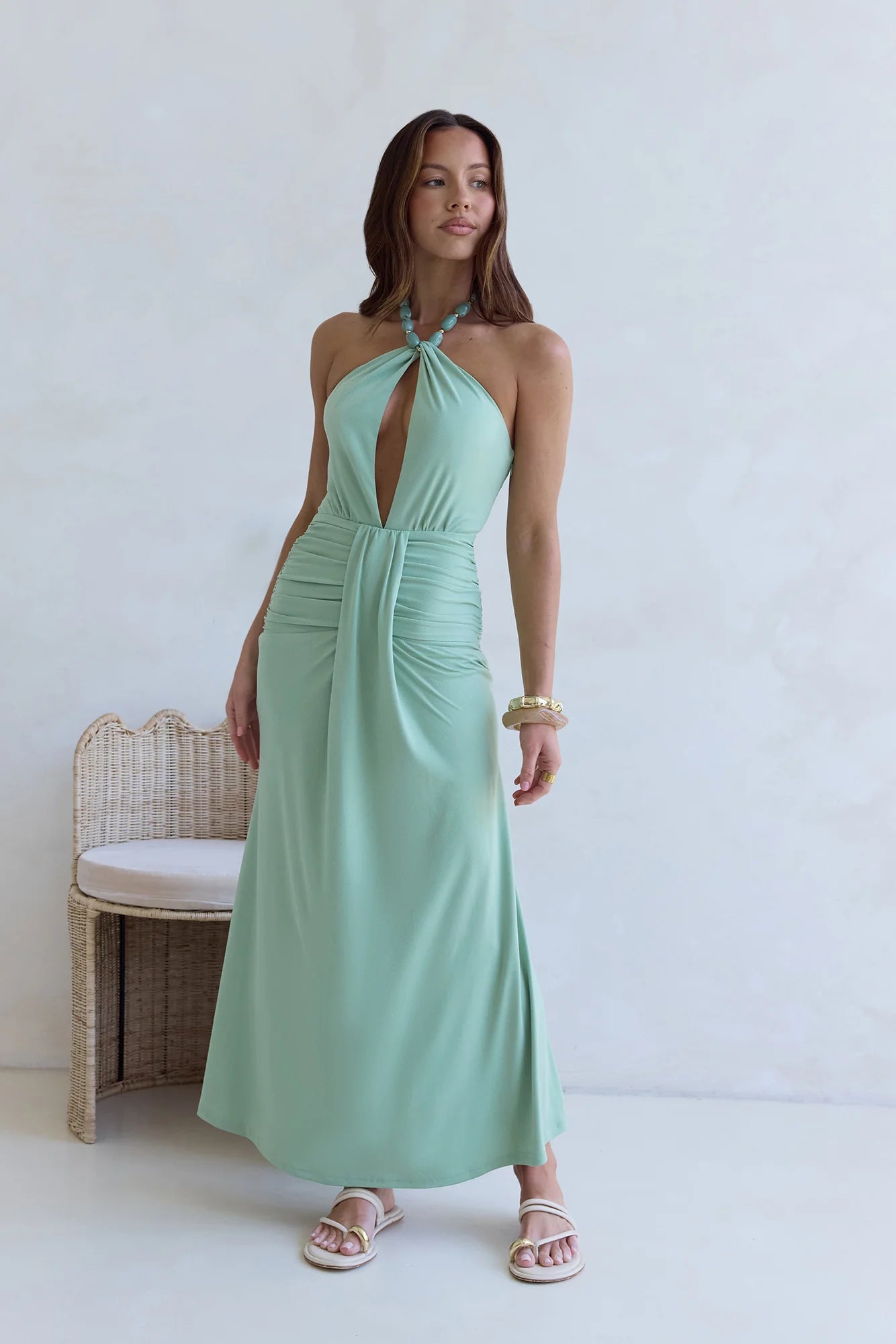 Sage Green Beaded Halter Neck Keyhole Ruched Waist Maxi Dress