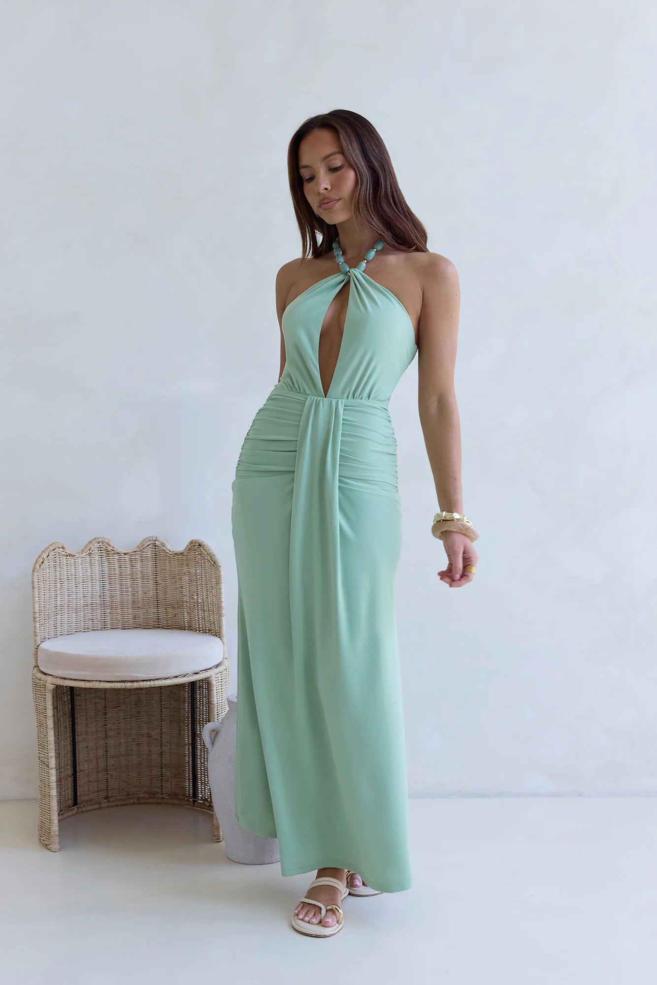 Sage Green Beaded Halter Neck Keyhole Ruched Waist Maxi Dress