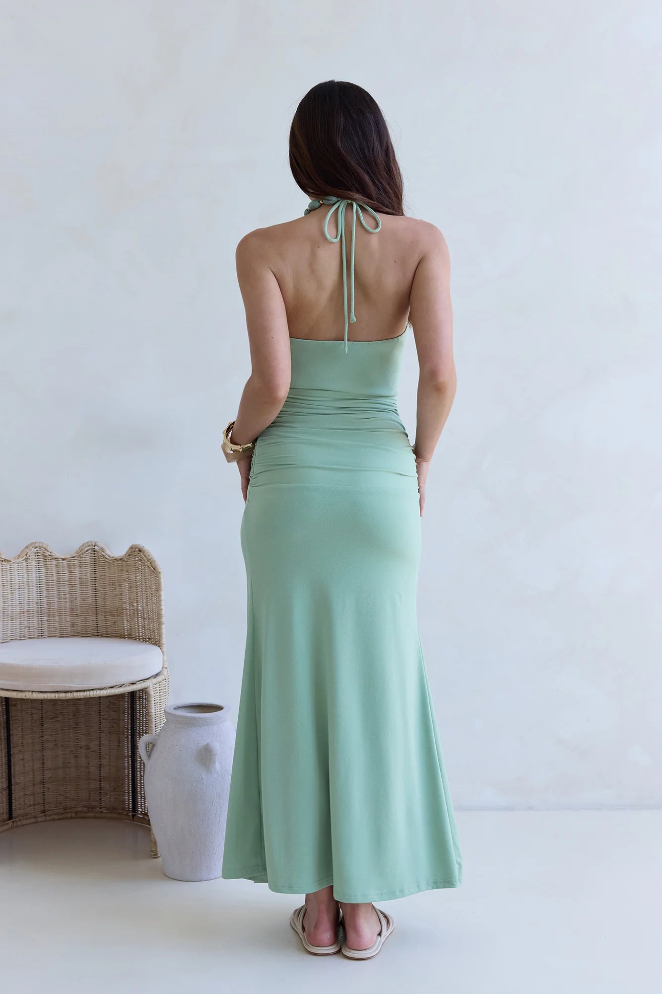 Sage Green Beaded Halter Neck Keyhole Ruched Waist Maxi Dress