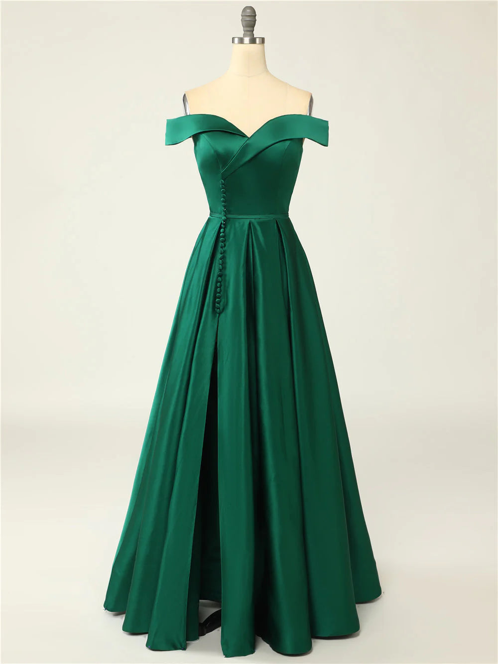 A-Line Long Off The Shoulder High Slit Satin Prom Dresses