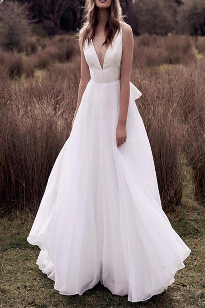 Beach Floor Length Wedding Dres A Line V Neck Tulle Wedding Dress