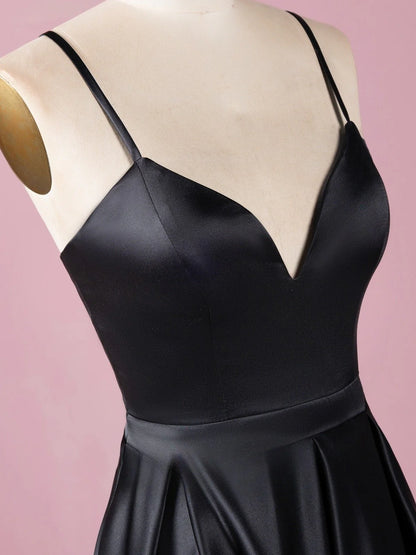 A line High Slit V Neck Spaghetti Straps Prom Dress Pockets Satin Formal Dress