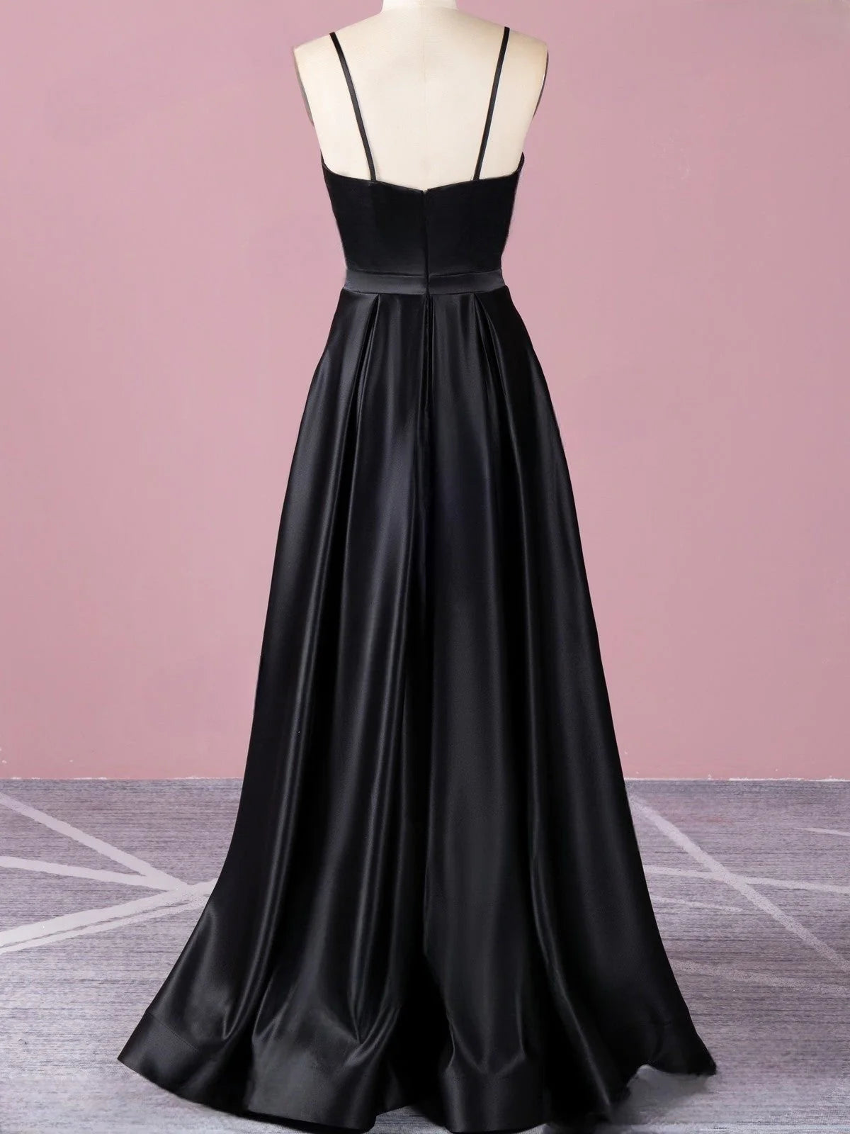 Vestido de fiesta de satén con escote en V, tirantes finos, abertura alta, bolsillos y corte A