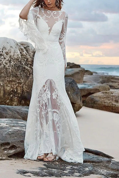 Vestidos de novia de playa de manga larga con escote sirena/trompeta y apliques, cola larga