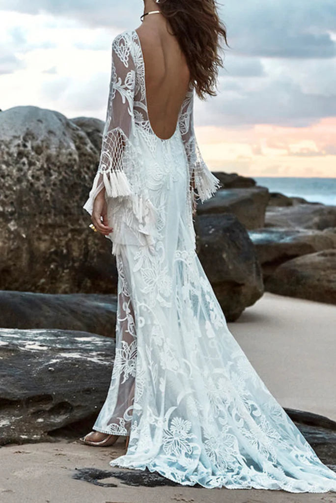 Vestidos de novia de playa de manga larga con escote sirena/trompeta y apliques, cola larga