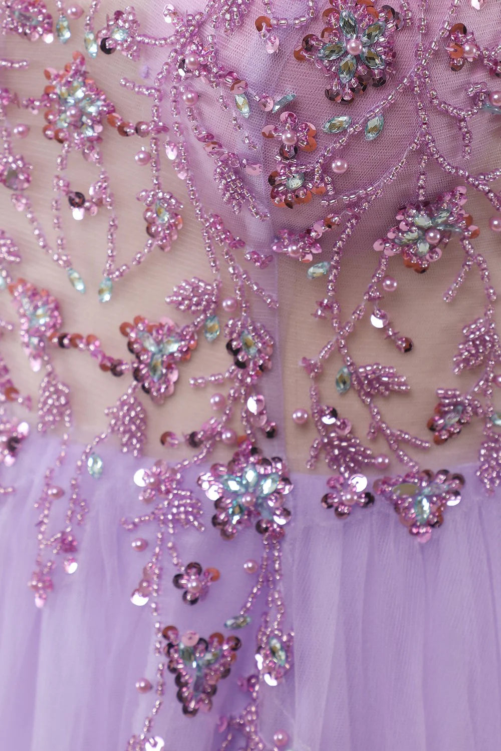 Tulle V Neck Lavender Long Beaded Sleeveless Prom Dresses