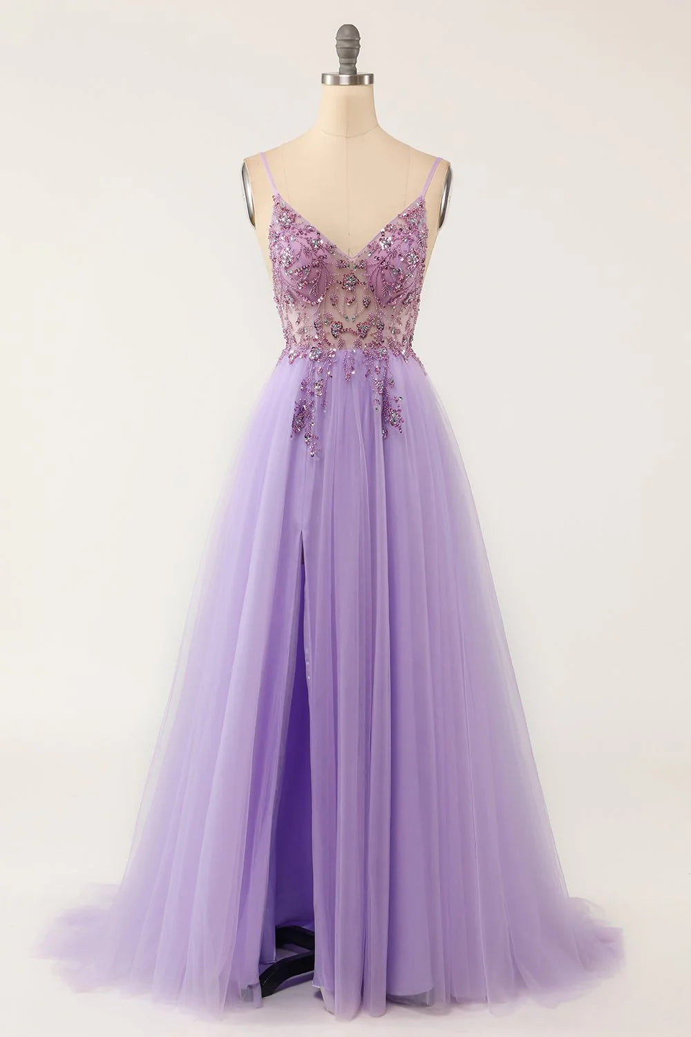 Tulle V Neck Lavender Long Beaded Sleeveless Prom Dresses