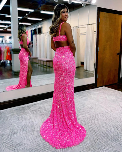 Vestido de fiesta sexy con lentejuelas y abertura frontal