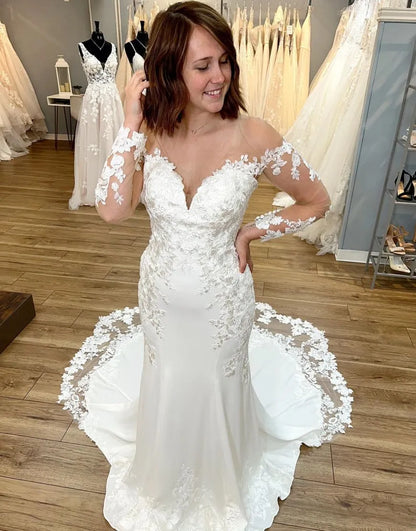 Vestido de novia sexy de satén con escote en V y mangas largas y apliques de sirena 