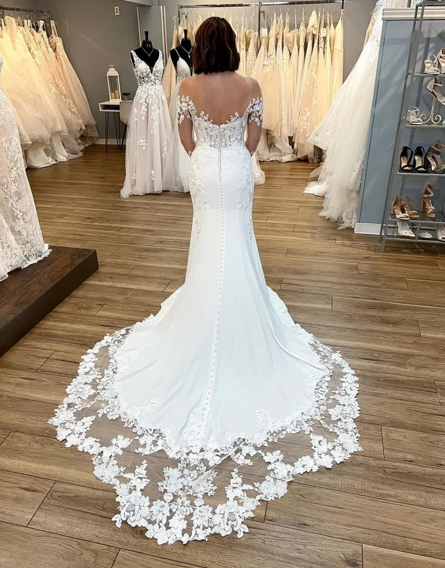 Vestido de novia sexy de satén con escote en V y mangas largas y apliques de sirena 