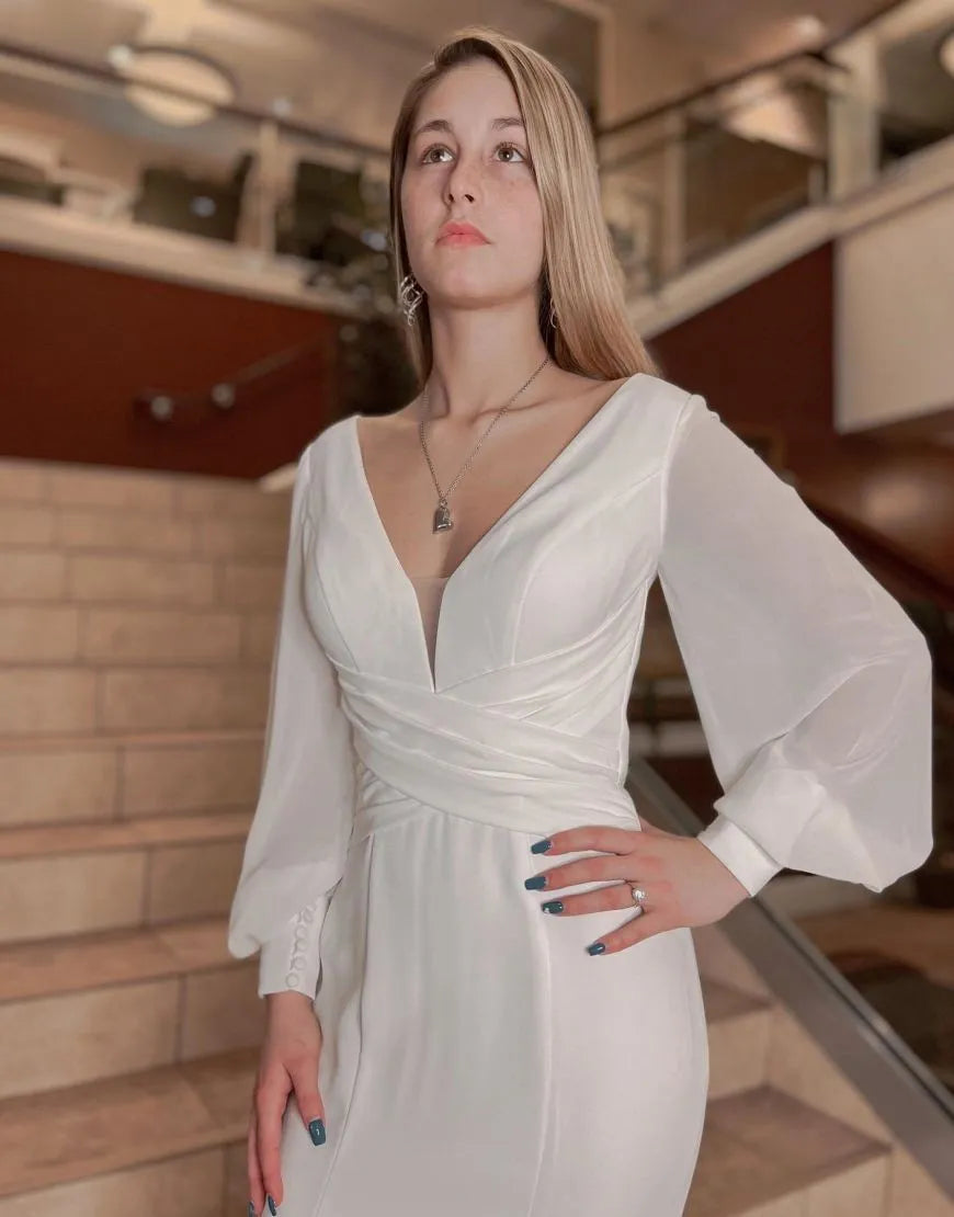 Sheath-Column Long Sleeves Chapel Train Keyhole Satin Wedding Dress