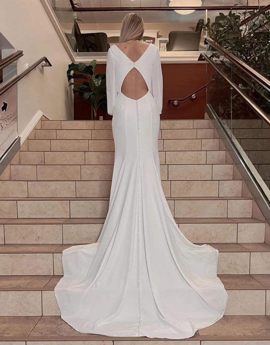 Sheath-Column Long Sleeves Chapel Train Keyhole Satin Wedding Dress