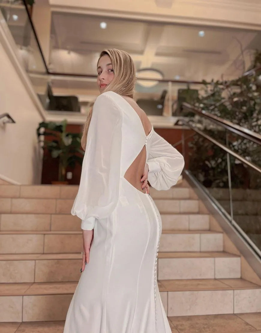 Sheath-Column Long Sleeves Chapel Train Keyhole Satin Wedding Dress