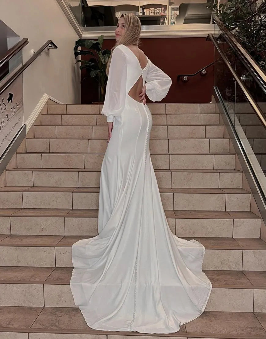 Sheath-Column Long Sleeves Chapel Train Keyhole Satin Wedding Dress