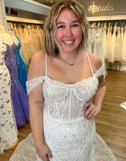 Sheath-Column Off The Shoulder Court Train Datailed Wedding Dress