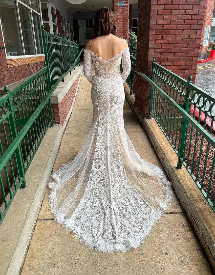 Sheath-Column Off The Shoulder Long Sleeves Lace Wedding Dress