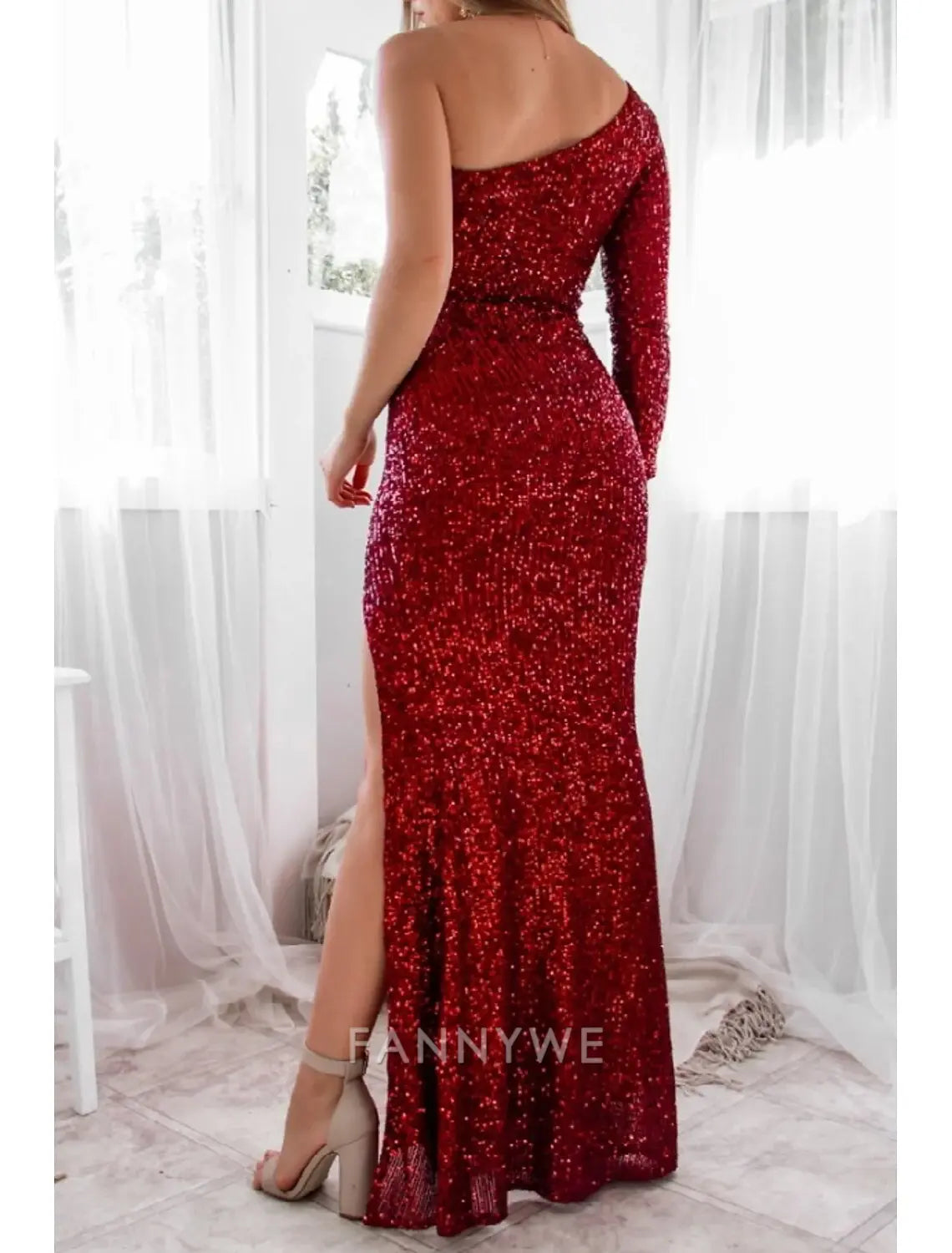FannyWe Vestido de noche sencillo con corte en forma de columna, brillante, para compromiso, formal, de noche, largo hasta el suelo, manga larga, un hombro, con lentejuelas y abertura para lentejuelas 