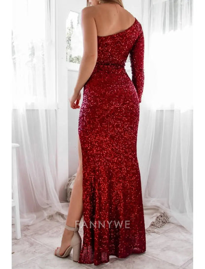 FannyWe Vestido de noche sencillo con corte en forma de columna, brillante, para compromiso, formal, de noche, largo hasta el suelo, manga larga, un hombro, con lentejuelas y abertura para lentejuelas 