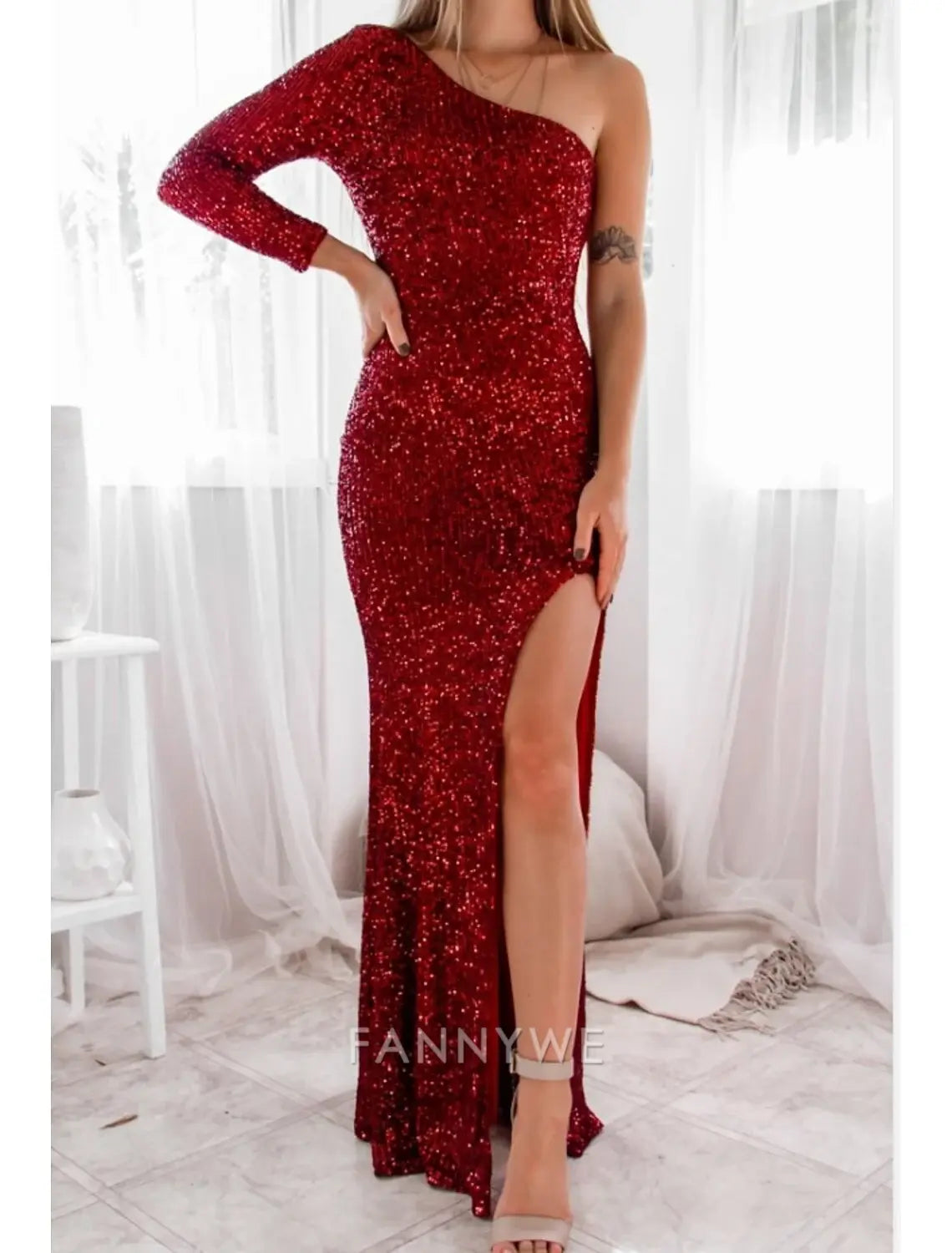 FannyWe Simple Sheath / Column Evening Gown Glittering Dress Engagement Formal Evening Floor Length Long Sleeve One Shoulder Sequined with Sequin Slit