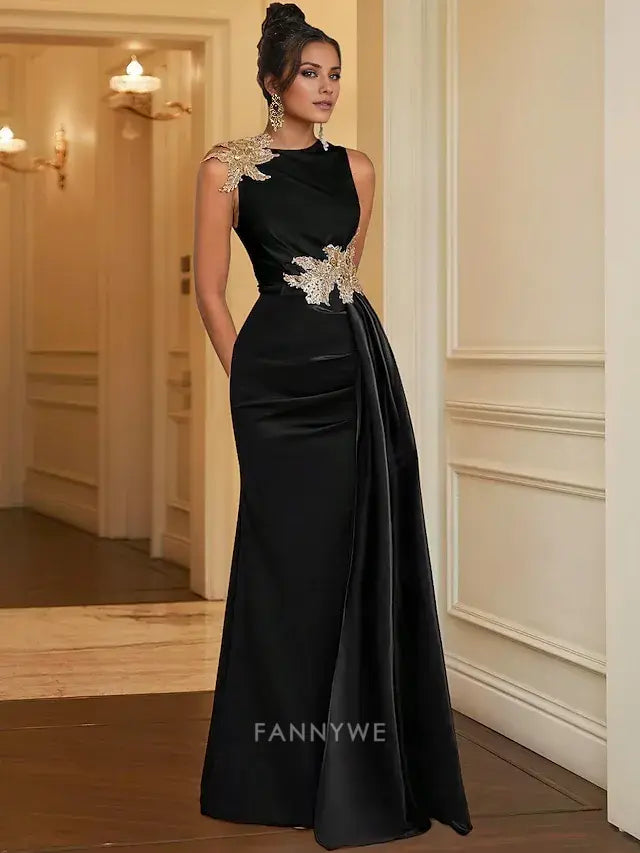 Sheath / Column Floor Length Evening Gown Ball Gown with Overskirt Formal Dress Elegant Black Dress Sleeveless Jewel Neck Christmas Formal Pocket Satin with Embroidery