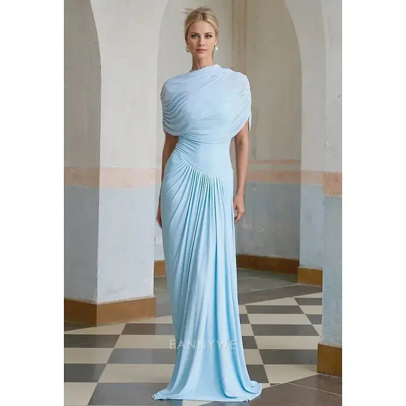 Sheath / Column Floor Length Prom Dresses Evening Gown Ball Gown Formal Dress Elegant Short Sleeve High Neck Wedding Formal Spandex with Ruched Shawl