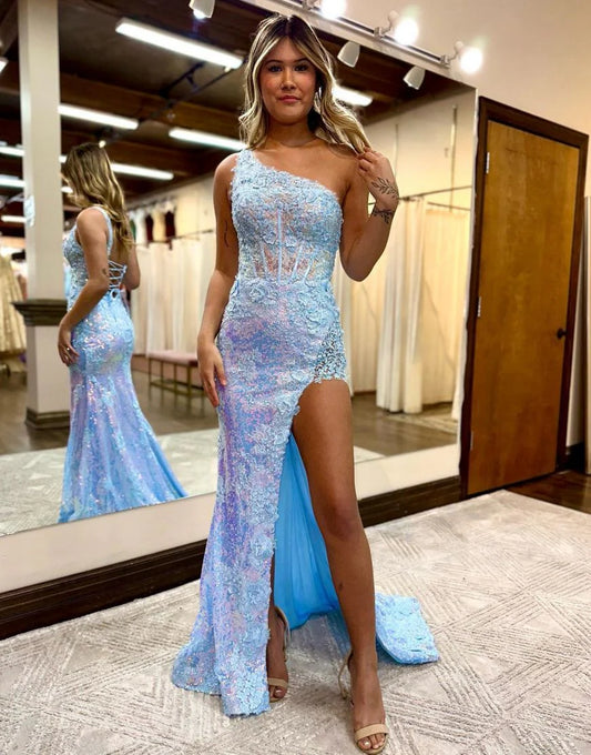 Shoulder Corset Back Prom Dress With Split