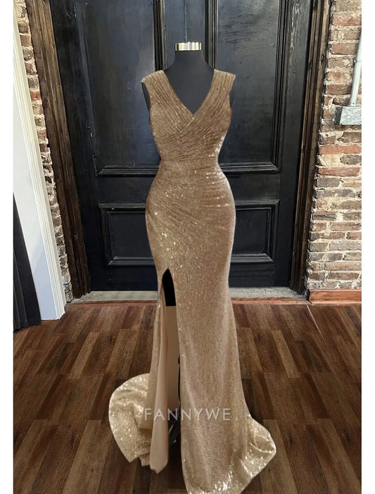 FannyWe Simple Sheath Prom Dresses Sequin Dress Wedding Guest Cocktail Party Sweep / Brush Train Sleeveless V Neck with Ruched Slit Masquerade Dress