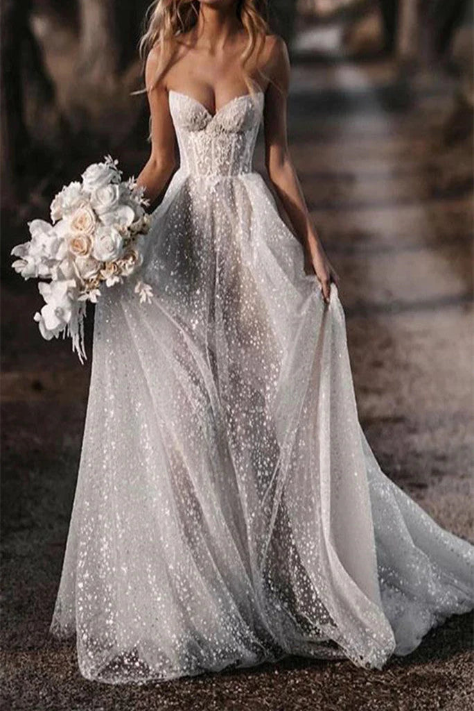 A Line Sweetheart Elegant Bride Dress Shiny Glitter Wedding Dresses
