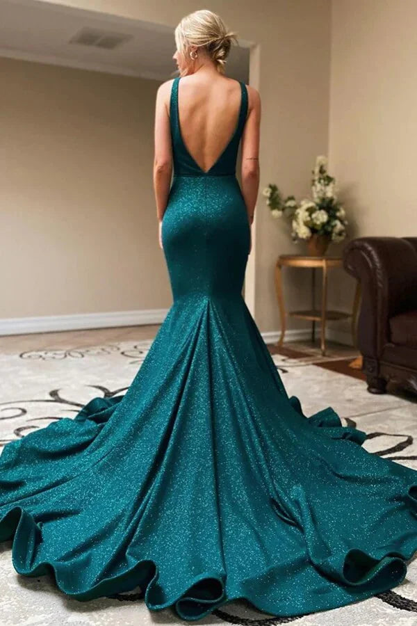 Vestidos de fiesta de sirena con escote en V y aberturas en la espalda