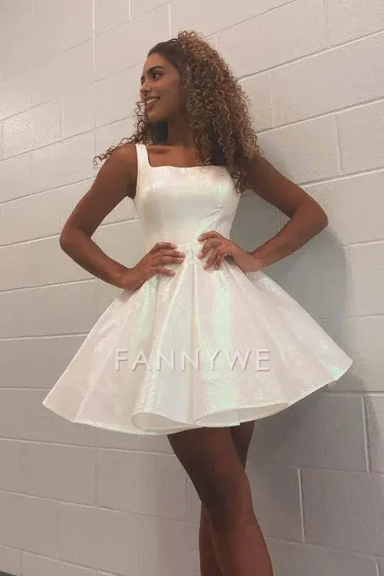 FannyWe Simple Shiny White Square Neckline A-line Short Homecoming Dress formal wear dresses