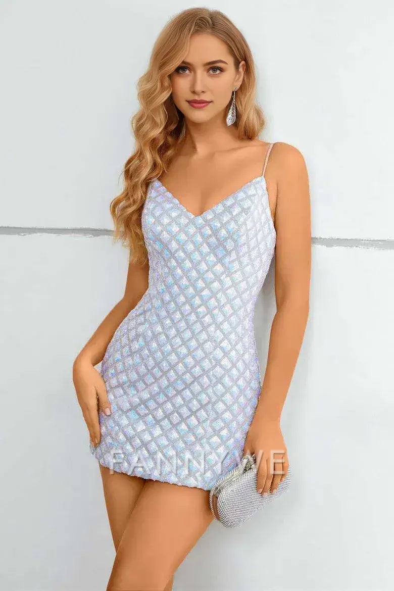 FannyWe Simple Silver V-Neck Straps Bodycon Mini Party Dress formal wear dresses