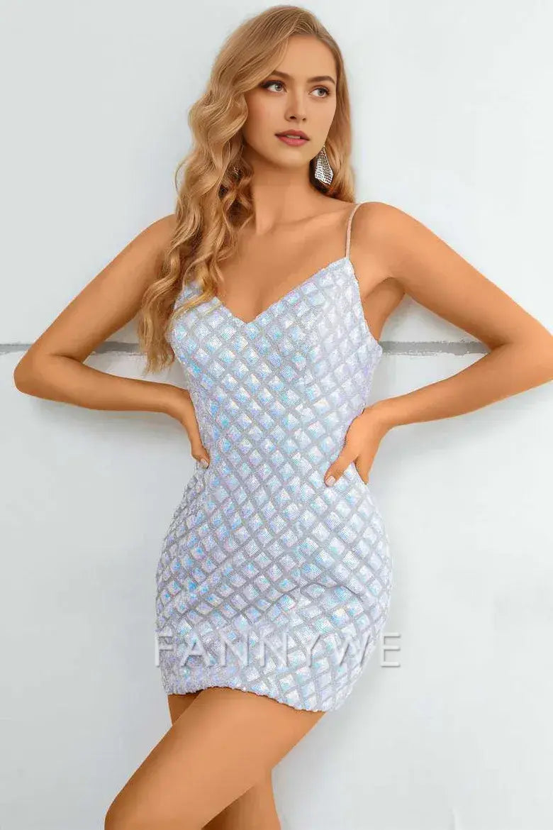 FannyWe Simple Silver V-Neck Straps Bodycon Mini Party Dress formal wear dresses