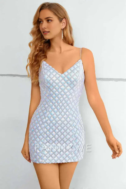 FannyWe Simple Silver V-Neck Straps Bodycon Mini Party Dress formal wear dresses