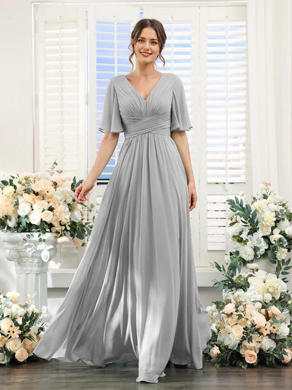 A-Linie V-Ausschnitt Ärmel Langes Chiffon Formelle Partykleider für Hochzeitsgäste Brautjungfernkleid