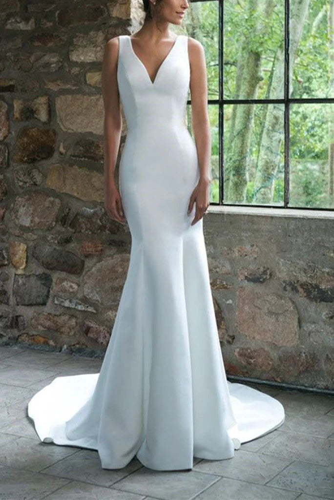 Mermaid Satin Wedding Dress Long Bridal Gowns Simple Deep V Neck Sweep Train